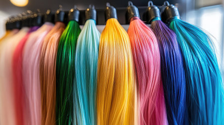 A vivid display of colorful hair samples arranged in a salon. This array showcases various shades, inspiring creativity and new styling ideas for clients and professionals alike.の素材