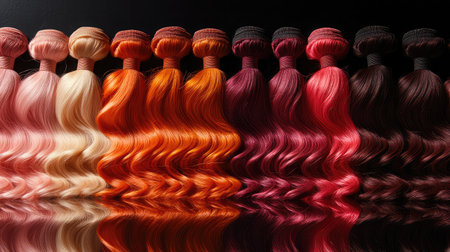 A stunning array of wavy hair extensions showcasing a variety of vibrant colors, perfect for enhancing hairstyles or for use in beauty and fashion projects.の素材