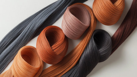 A stunning arrangement of colorful yarn bundles showcasing diverse textures and shades, ideal for knitting and various crafting projects in a bright, neutral setting.の素材