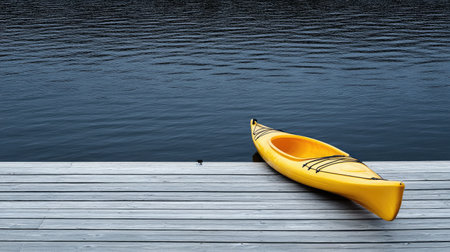 A vivid yellow kayak rests peacefully on a wooden dock, reflecting on the still, dark water, inviting adventure and relaxation in a pristine natural setting.の素材