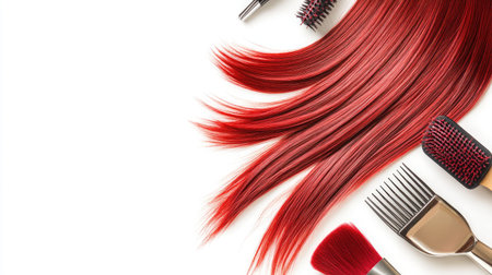 Bright red hair styled with professional grooming tools arranged on a white background, perfect for illustrating beauty and hair care concepts in salons.の素材