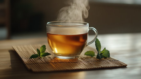 A steaming cup of herbal tea captures warmth and comfort, beautifully complemented by fresh mint leaves, perfect for enhancing relaxation in a cozy indoor setting.の素材