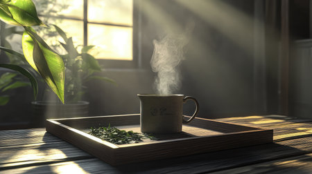 A serene image of a steaming cup of tea placed on a wooden tray with fresh leaves, bathed in gentle sunlight, creating a peaceful and cozy atmosphere perfect for relaxation.の素材