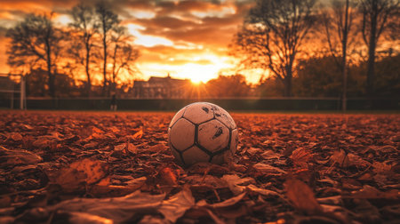 A serene sunset scene showcasing a soccer ball resting on a bed of fallen leaves, perfectly capturing the essence of autumn and the joy of outdoor sports.の素材