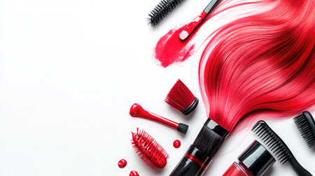 This striking image showcases red hair products and tools arranged artfully on a white background, ideal for beauty, fashion, and styling concepts.の素材