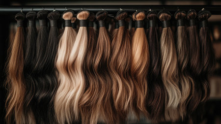 A vibrant display of various luxurious hair extensions hanging in a salon, showcasing different shades and textures for beauty and styling needs. Perfect for hair enthusiasts.の素材