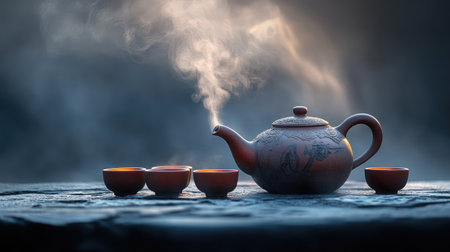 This image features a beautifully crafted ceramic teapot with steam rising above it, accompanied by rustic tea cups, creating a serene atmosphere perfect for tea enjoyment.の素材