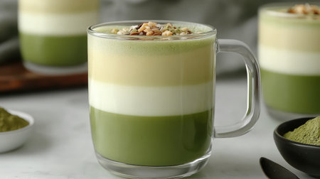 This beautiful matcha latte showcases vibrant layers of green and cream, garnished with nuts, offering a refreshing and aesthetic beverage experience perfect for any occasion.の素材