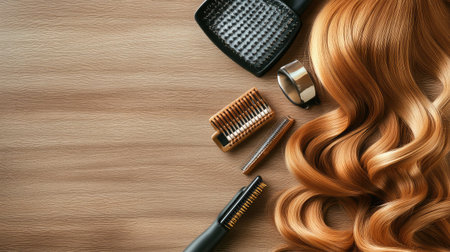 A stunning display featuring flowing red hair alongside professional styling tools on a rustic wooden surface, ideal for beauty and hair care themes and marketing materials.の素材
