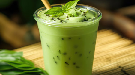 A cool and refreshing green beverage featuring basil leaves in a clear cup, perfect for summer days, offering a blend of flavors and natural appeal for drink enthusiasts.の素材