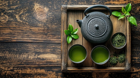 Discover the serene beauty of a traditional Japanese tea setup featuring a stylish teapot alongside vibrant green tea leaves and elegant cups resting on a wooden tray.の素材