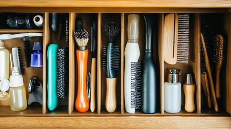 A well-organized drawer showing an array of hair care tools and products, including brushes, combs, and sprays, perfect for daily grooming needs.の素材