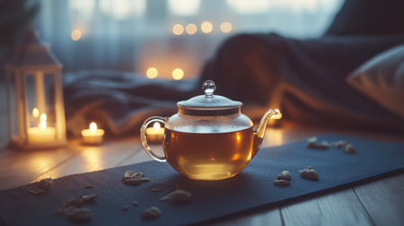 Embrace serenity with a glass teapot filled with delicious brew, surrounded by soft candlelight and a warm atmosphere perfect for relaxation and mindfulness.の素材