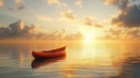 A stunning scene showcasing a vibrant orange kayak resting quietly on smooth water during a breathtaking sunrise, evoking feelings of peace and exploration in nature.の素材