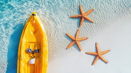 A vibrant yellow kayak rests on the clear waters of a tropical beach, adorned with beautiful starfish on the sandy shore, inviting adventure and relaxation in paradise.の素材
