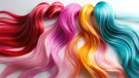 A stunning display of colorful hair strands in shades of red, pink, orange, and teal, perfect for fashion and beauty projects, showcasing texture and vibrancy.の素材