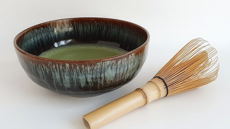 A beautifully crafted Japanese matcha bowl with a bamboo whisk, perfect for preparing traditional green tea. Ideal for culinary, cultural, and wellness themes.の素材