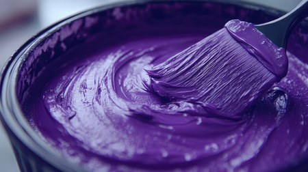 A close-up view of vibrant purple paint in a bowl with a brush, ideal for art projects, home decor, and creative endeavors. Perfect for showcasing color and texture.の素材