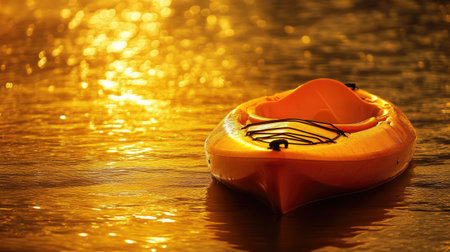 Capture the essence of adventure and tranquility with this stunning image of an orange kayak gently floating on shimmering water at sunset. Perfect for conveying a love for nature.の素材