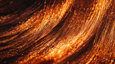 Discover the elegance of rich golden brown hair showcased in exquisite details, emphasizing texture, shine, and movement under warm, inviting light for aesthetic beauty.の素材