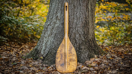 A vintage wooden paddle rests against a sturdy tree trunk amidst a blanket of autumn leaves, showcasing a beautiful blend of warm hues and serene nature.の素材