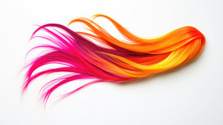 Bright strands of hair in stunning pink, orange, and yellow hues create a dynamic visual effect against a clean white background, ideal for beauty and fashion projects.の素材