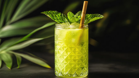 A vibrant green cocktail served in a textured glass, garnished with fresh mint leaves, perfect for summer parties and relaxed outdoor gatherings.の素材
