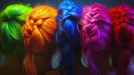 A stunning close-up view of creatively styled braided ponytails in various bright colors, showcasing an artistic blend of vibrancy and uniqueness, perfect for fashion inspiration.の素材