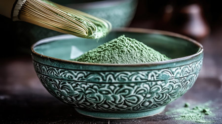 A detailed view of vibrant green powder being whisked with a bamboo tool, showcasing the rich tradition of tea preparation and the beauty of natural ingredients in a decorative bowl.の素材