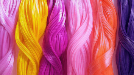 Explore a stunning array of vibrant synthetic hair strands in diverse colors, ideal for fashion projects, creative hairstyles, and artistic designs that inspire playful expression.の素材