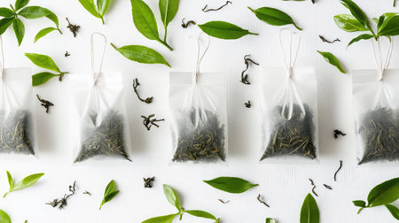 A collection of tea bags filled with green tea leaves, surrounded by fresh green foliage on a clean white background, evoking a sense of freshness and wellness in every sip.の素材