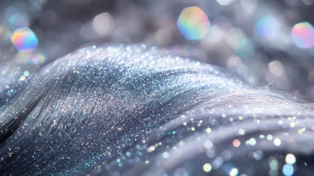 A mesmerizing close-up of silver hair adorned with glitter and sparkles, showcasing the enchanting dance of light on a soft, reflective surface in a dreamy setting.の素材