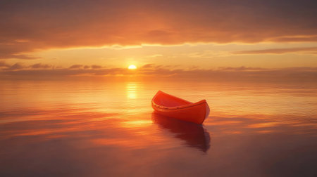 A serene sunset scene featuring a single orange boat floating gently on calm waters, reflecting the warm hues of the sky, evoking a sense of peace and tranquility.の素材