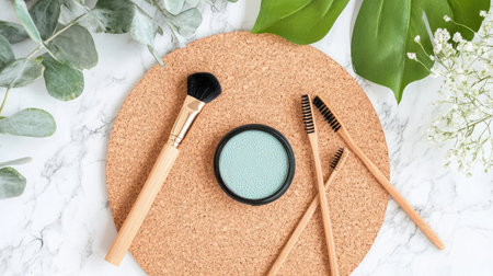 Discover a serene flat lay composition featuring beauty brushes and a cosmetic product on a cork mat, adorned with soft green leaves and delicate flowers, perfect for lifestyle themes.の素材