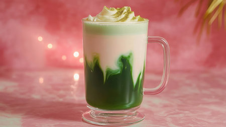 This mesmerizing layered beverage combines vibrant green and pink colors with creamy foam, making it perfect for festive occasions or delightful indulgence.の素材