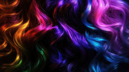 A stunning portrayal of vibrant multicolored hair waves, showcasing a blend of bright shades against a dark backdrop, perfect for inspiring artistic and creative projects.の素材
