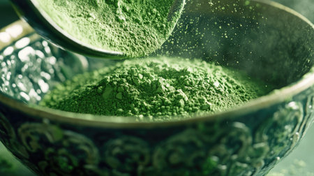 A stunning close-up of vibrant green powder being poured into an ornate bowl, highlighting the rich texture and color, ideal for themes around cooking, health, and wellness.の素材