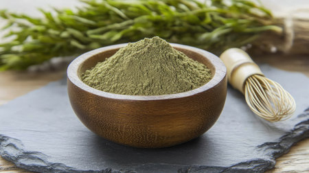 A vibrant green culinary powder displayed in a rustic wooden bowl, complemented by fresh herbs and a bamboo whisk, perfect for healthy cooking and natural ingredients.の素材