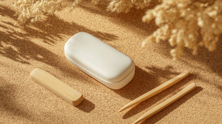 This photo showcases minimalist bathroom accessories, featuring a sleek white storage case and bamboo tweezers, set against a warm natural background.の素材