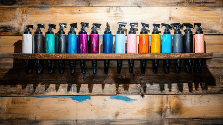 A vibrant collection of hair product bottles is showcased on a rustic wooden shelf, highlighting the modern beauty aesthetic in a professional salon environment.の素材
