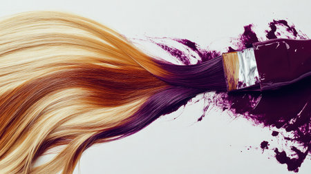 This striking image showcases a paintbrush with a vibrant purple hue flowing into strands of blonde hair, symbolizing artistic creativity and transformation in hair coloring.の素材