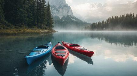 A serene scene featuring colorful kayaks on a calm lake surrounded by stunning mountains and lush greenery, perfect for showcasing outdoor adventure and relaxation.の素材