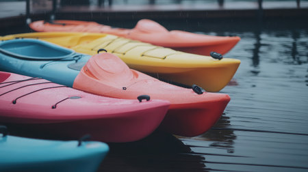 A beautiful scene featuring colorful kayaks resting on a calm lakeside during light rain, evoking a sense of outdoor adventure and tranquility amidst nature.の素材