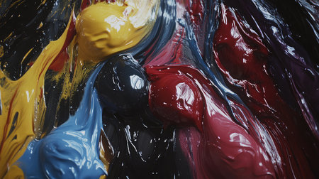 A mesmerizing close-up view of vibrant paint swirling together, showcasing a dynamic interplay of colors and rich textures that evoke creativity and artistic flair in every brushstroke.の素材