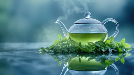 A stunning glass teapot sits atop a reflective surface surrounded by fresh mint leaves, symbolizing relaxation and natural wellness in a peaceful setting.の素材