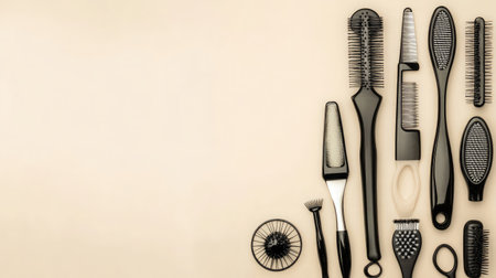 A stylish arrangement of various black and white hair styling tools on a soft beige background, perfect for beauty and grooming applications in salons or personal use.の素材