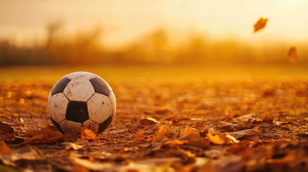 A lone soccer ball sits on a field covered with fallen leaves, illuminated by the warm glow of a sunset, capturing the essence of outdoor play and seasonal beauty.の素材