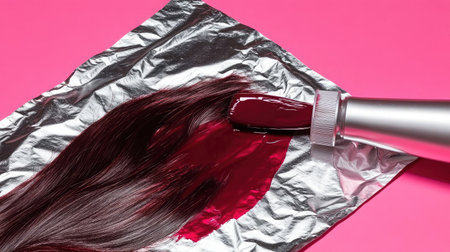 This image showcases a vibrant burgundy hair dye placed on foil, perfect for beauty and hair transformation projects, set against a striking pink background.の素材