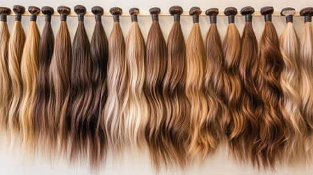 This image features a stunning array of hair extensions arranged in a colorful display. Each strand showcases unique textures and shades, ideal for beauty and styling purposes.の素材