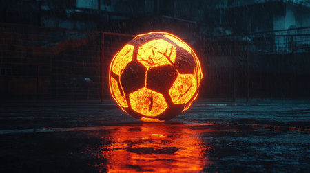 A captivating futuristic soccer ball radiates a warm glow against a wet urban surface, surrounded by rain, creating a vivid and dynamic atmosphere perfect for sports-themed projects.の素材